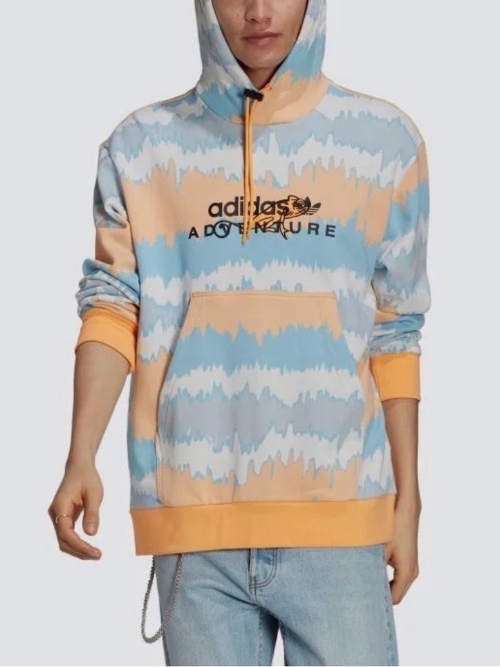 Adidas Adventure Mens Hoodie Large Blue Yellow All Over Print Chameleon Pullover
